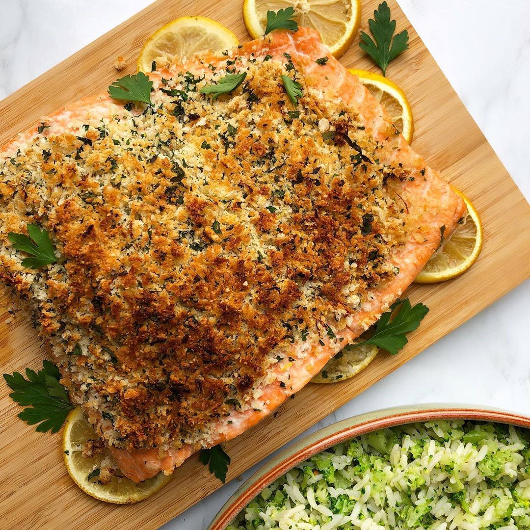 Herb Crusted Salmon with Broccoli Rice Dinner