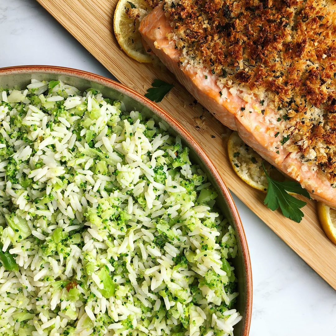 Herb Crusted Salmon with Broccoli Rice Dinner