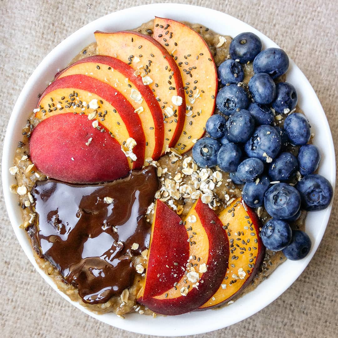 Chocolate, Blueberries, and Peach Oatmeal