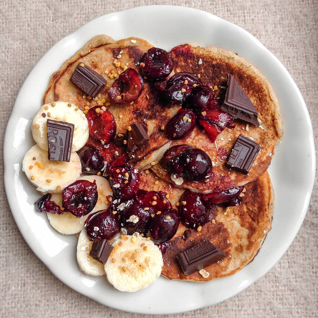 Banana Bread Pancakes with Chocolate, Cherries and Bananas