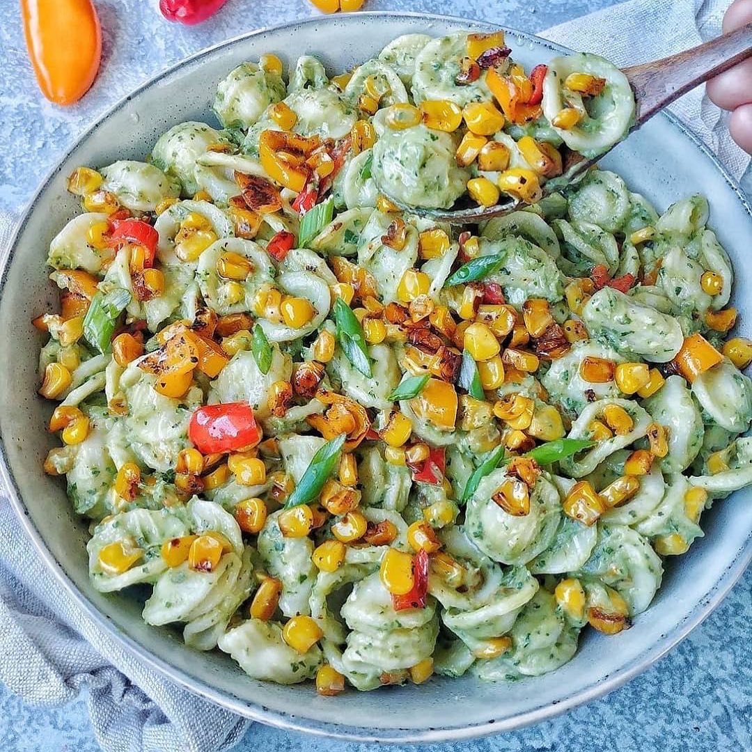 Pasta with Avocado Lime Dressing and Charred Chipotle Corn