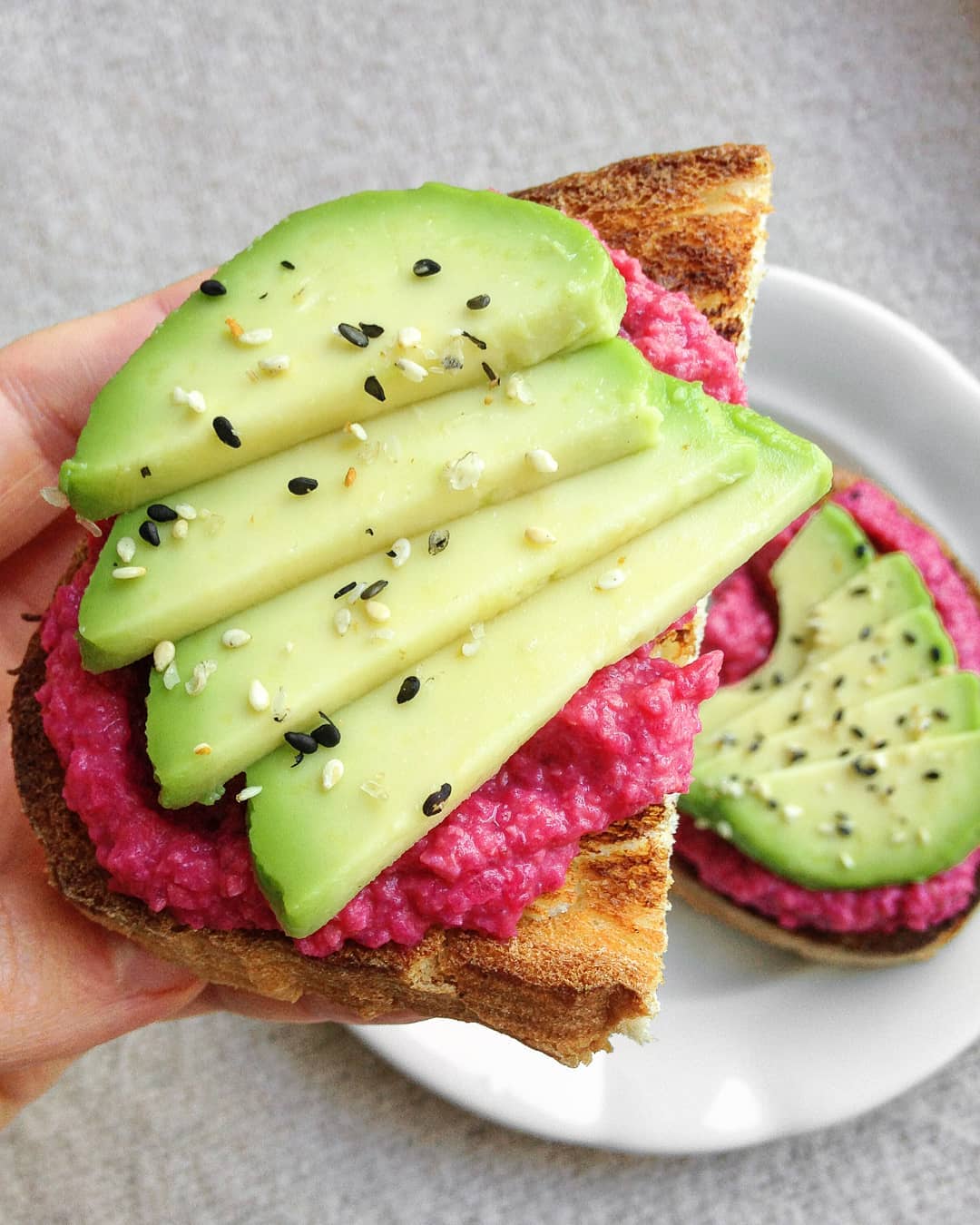 Avocado and Pink Hummus Toast