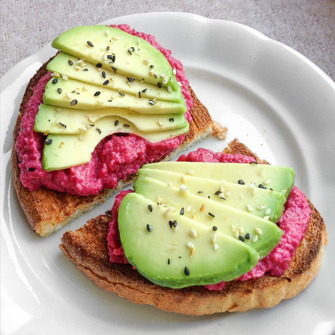 Avocado and Pink Hummus Toast