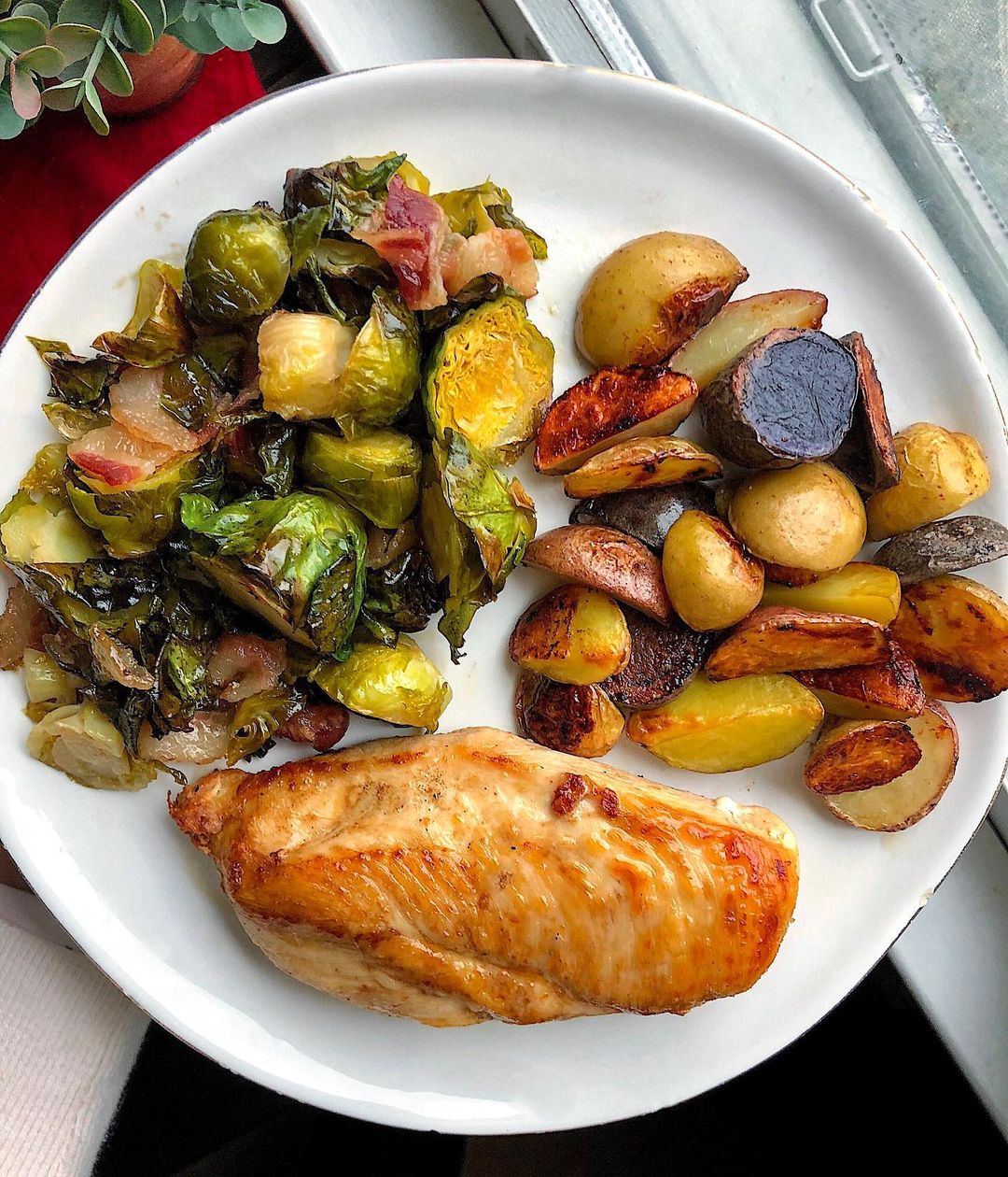 Skillet Chicken with Roasted Maple Bacon Brussel Sprouts