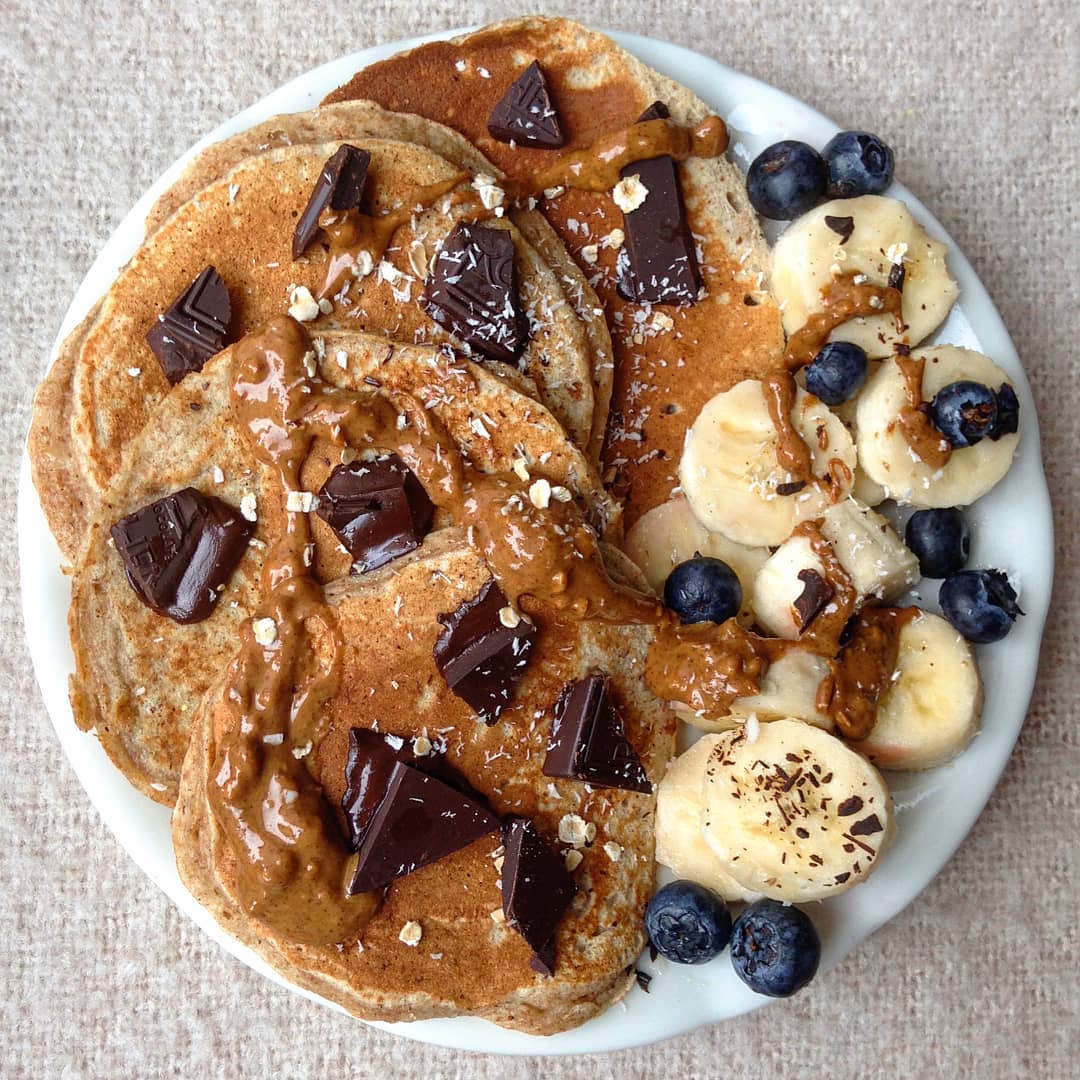 Banana Bread Pancakes with Chocolate and Peanut Butter