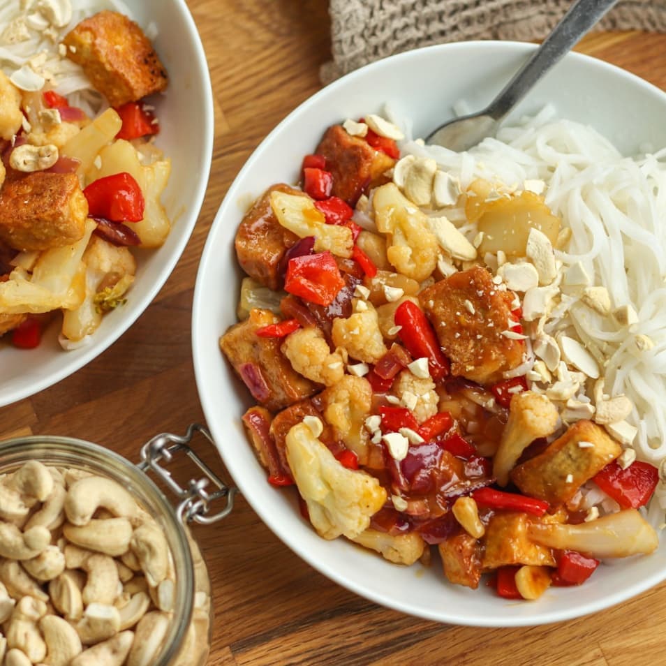 Orange Tofu and Cauliflower with Rice Noodles