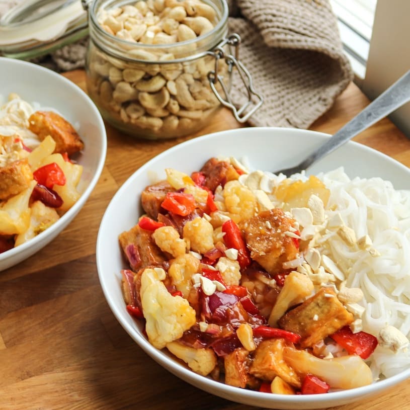 Orange Tofu and Cauliflower with Rice Noodles