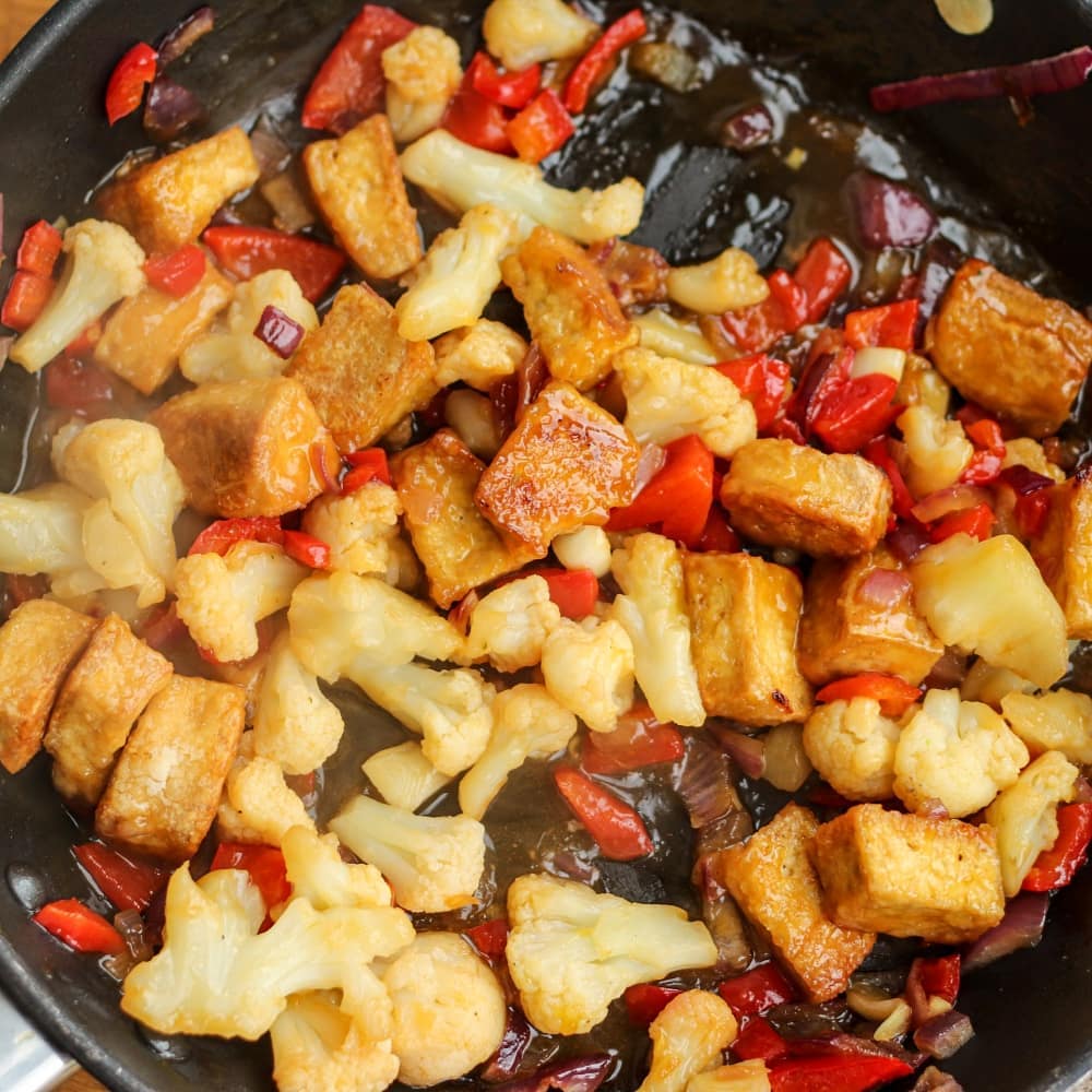Orange Tofu and Cauliflower with Rice Noodles