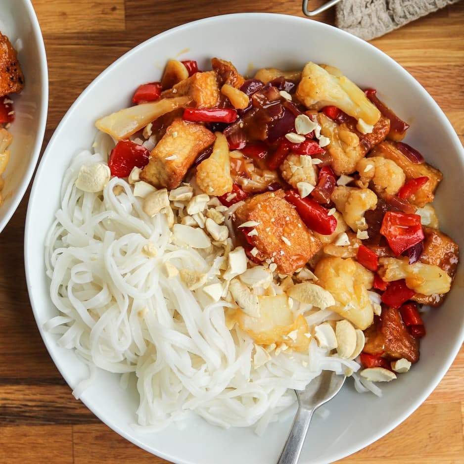 Orange Tofu and Cauliflower with Rice Noodles