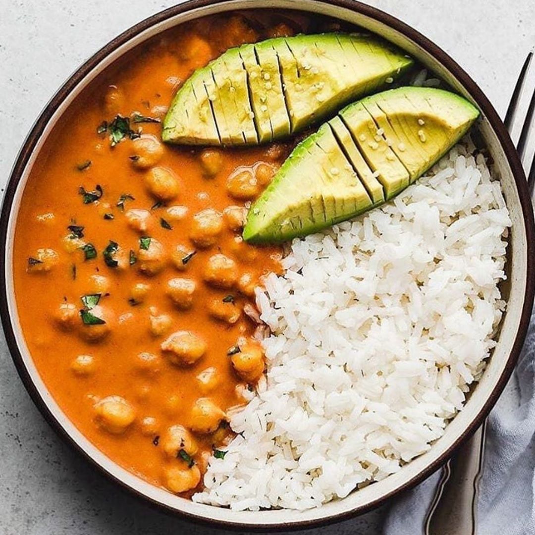 Stewed Tomato Chickpea Curry with Rice and Avocado