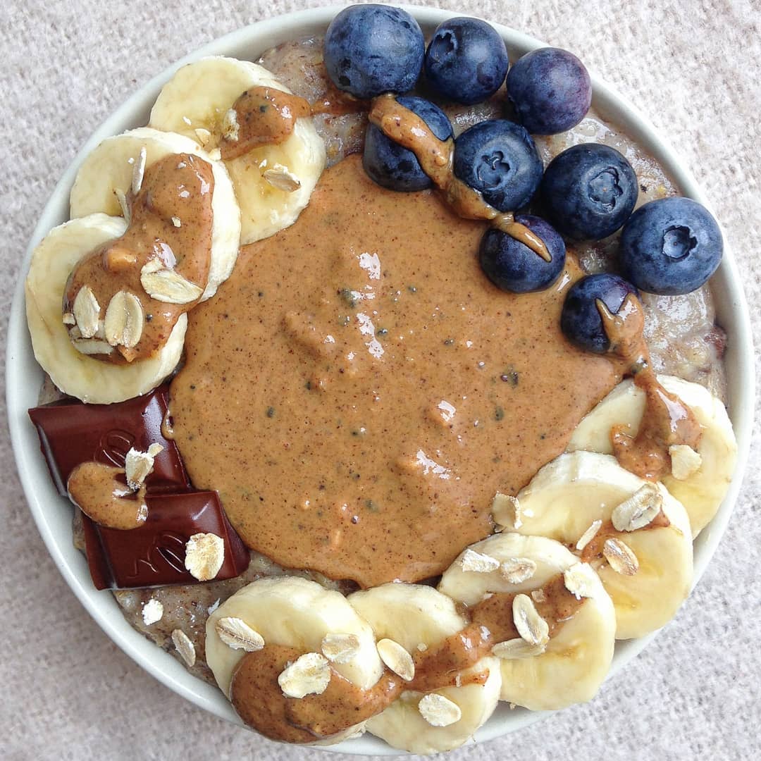 Banana Blueberries Chocolate and Almond Butter Oatmeal