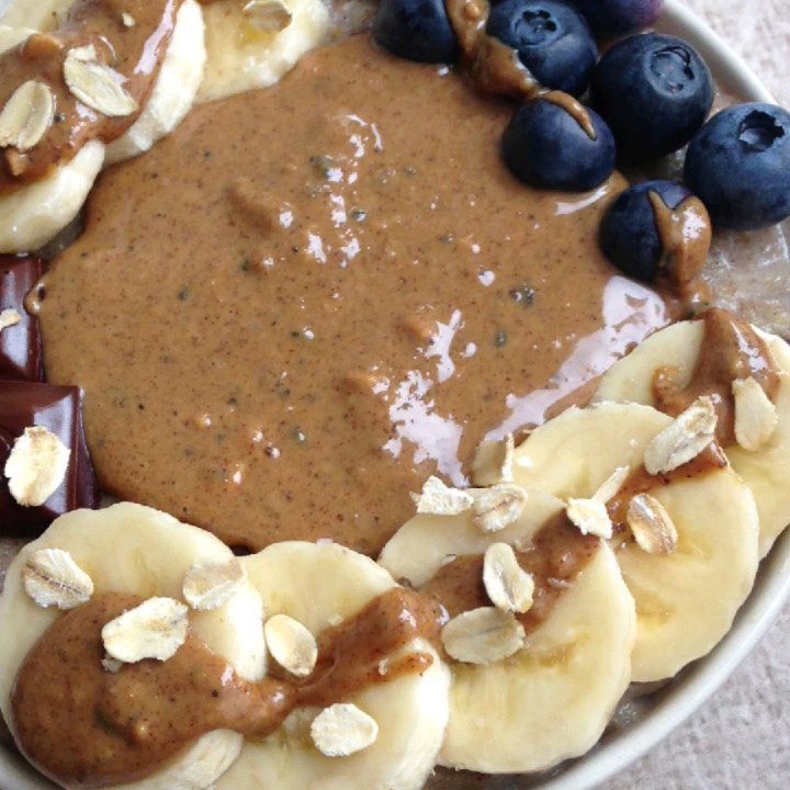 Banana Blueberries Chocolate and Almond Butter Oatmeal