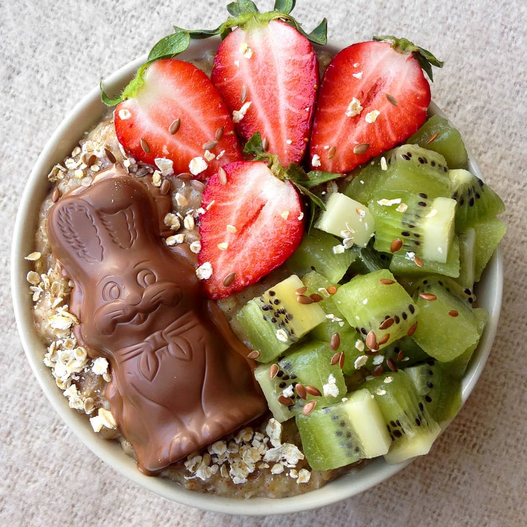 Easter Chocolate Bunny Oatmeal with Strawberries and Kiwi