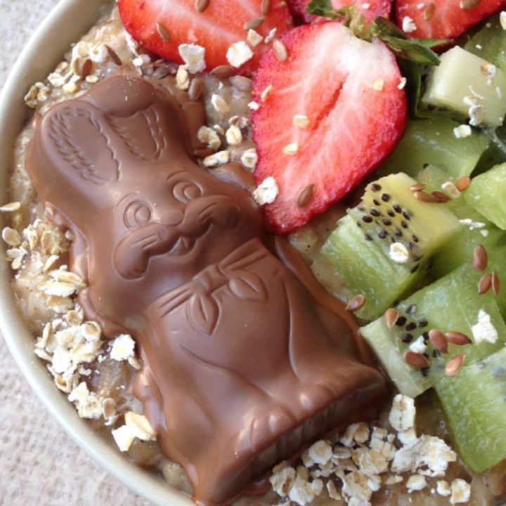 Easter Chocolate Bunny Oatmeal with Strawberries and Kiwi