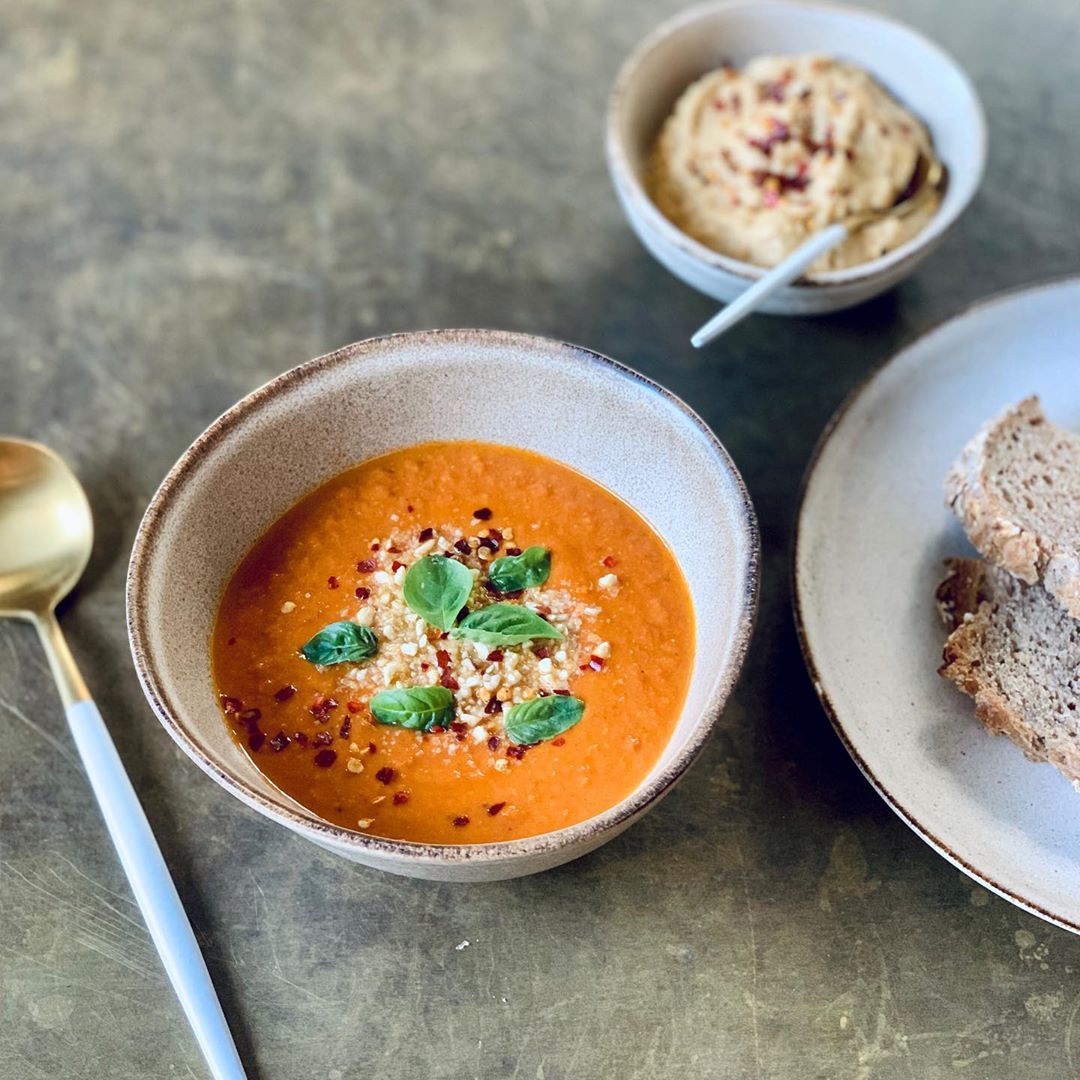 Chilled Red Pepper and Sun-Dried Tomato Soup with Roast Garlic Hummus and Whole Grain Seed Bread
