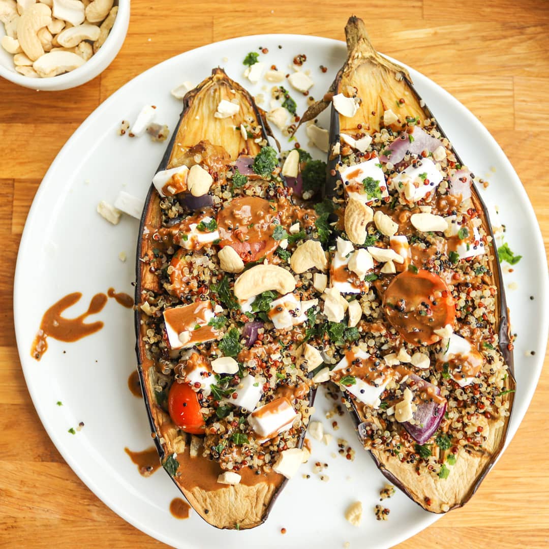 Roasted Eggplant Stuffed with Quinoa and Balsamic Glaze