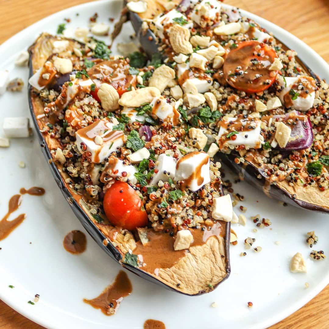 Roasted Eggplant Stuffed with Quinoa and Balsamic Glaze