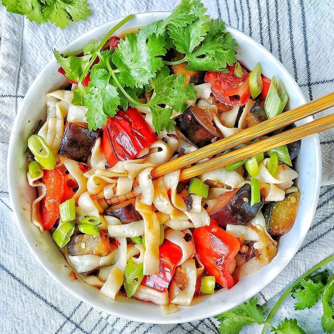 Slurpy Noodles with Eggplant, Bell Pepper, and Zucchini