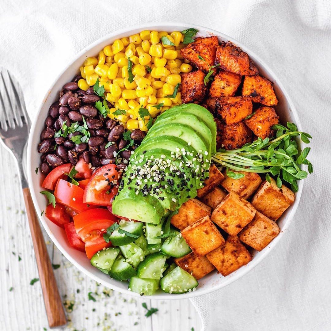 Roasted Tofu and Sweet Potato Burrito Bowl