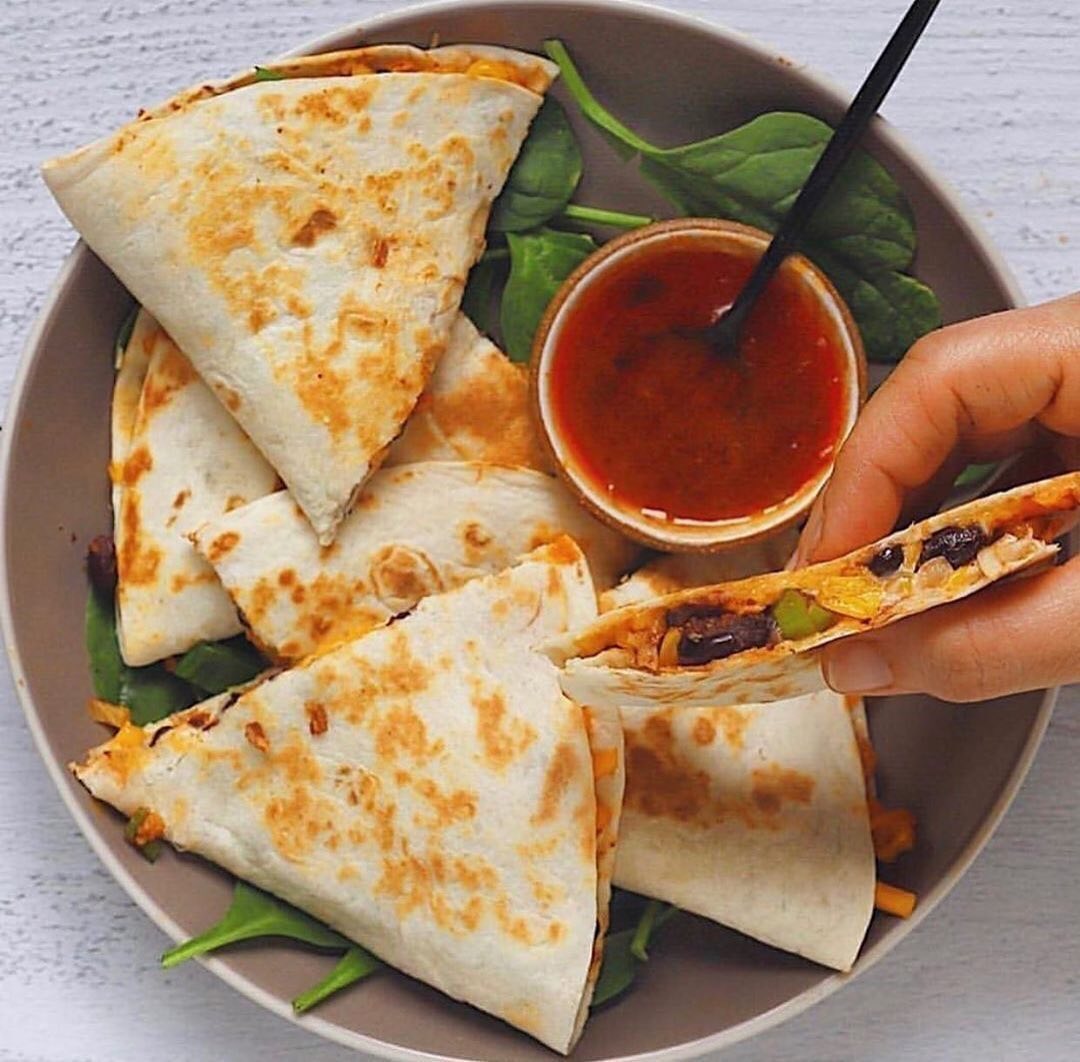 Buffalo Black Bean and Roasted Veggie Quesadillas