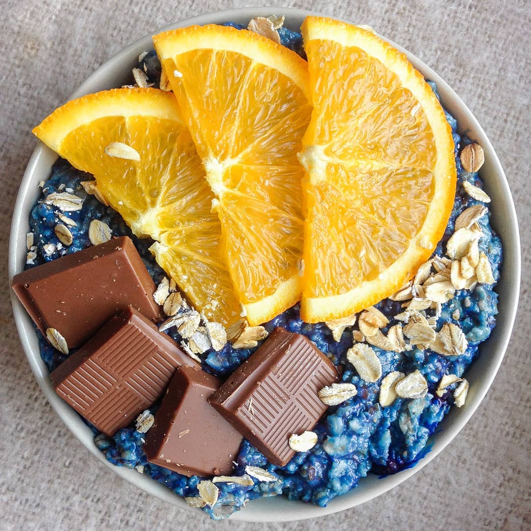 Orange and Chocolate Oatmeal with Blue Spirulina
