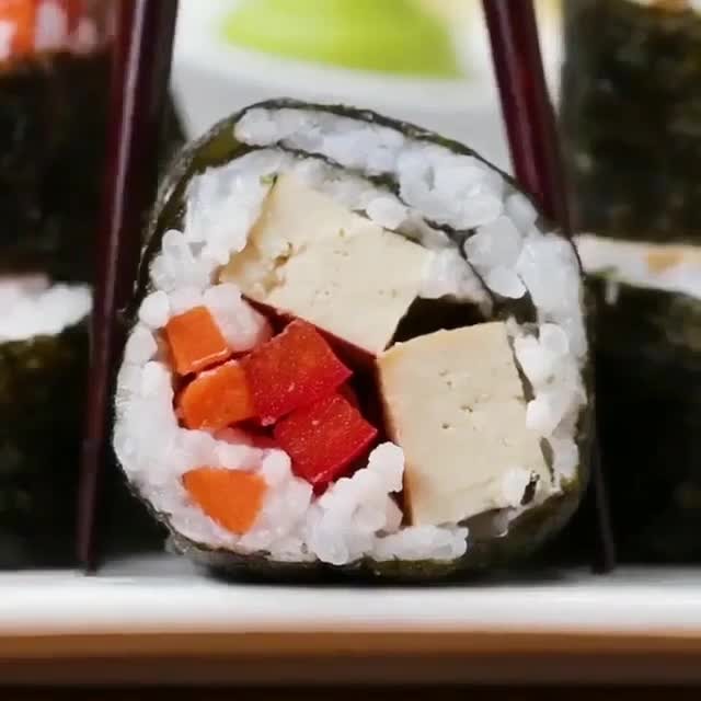 Vegan Sushi with Avocado Mango and Teriyaki Tofu