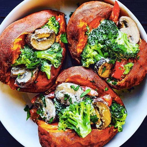 Cheesy Veggie Loaded Sweet Potatoes