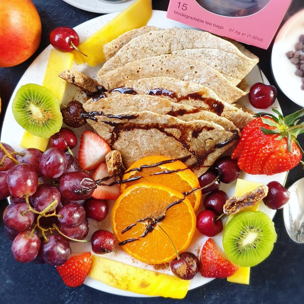 Wholegrain Crepes with Choc Shot and Fruit