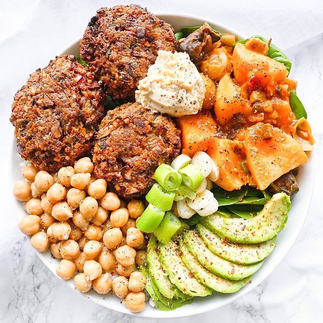 Vegan Burger Bowl with Mushroom Walnut Patties