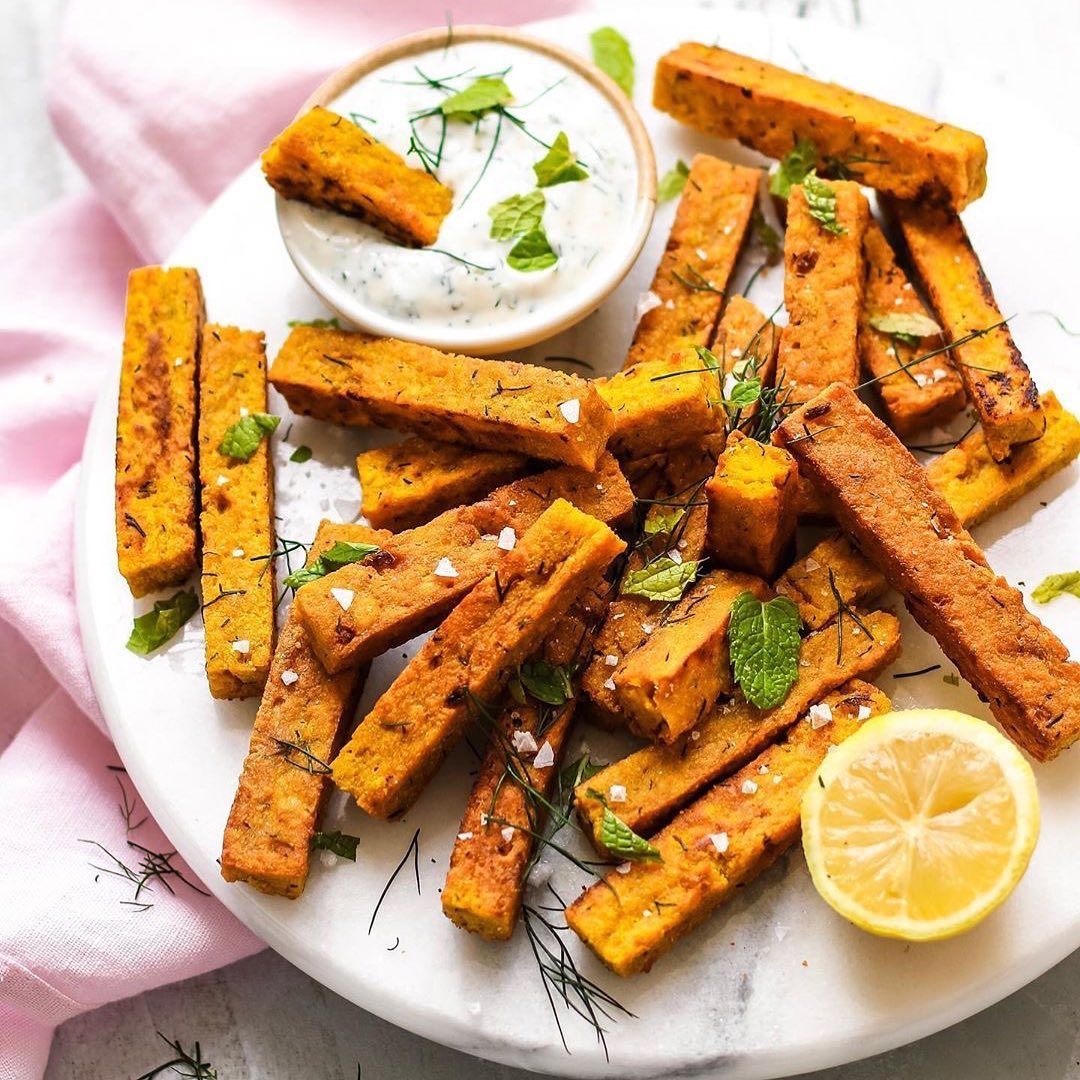 Crispy Turmeric Panisse (Chickpea Fries) with a Dill & Yogurt Dip