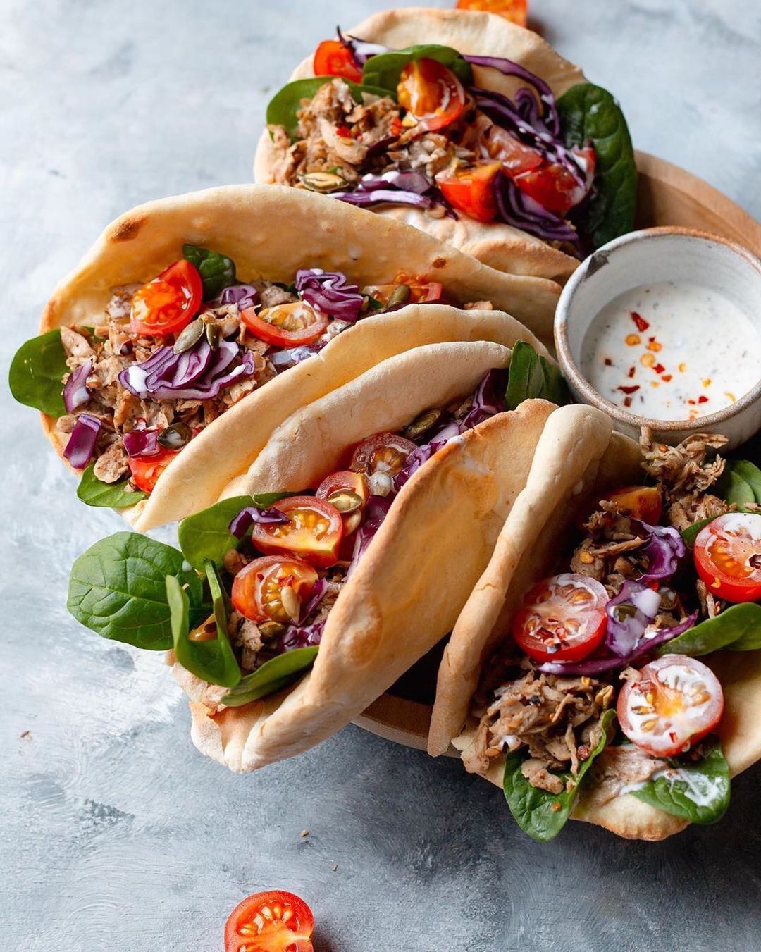 Vegetarian Pulled Chicken Pitas with Za'atar Mayo