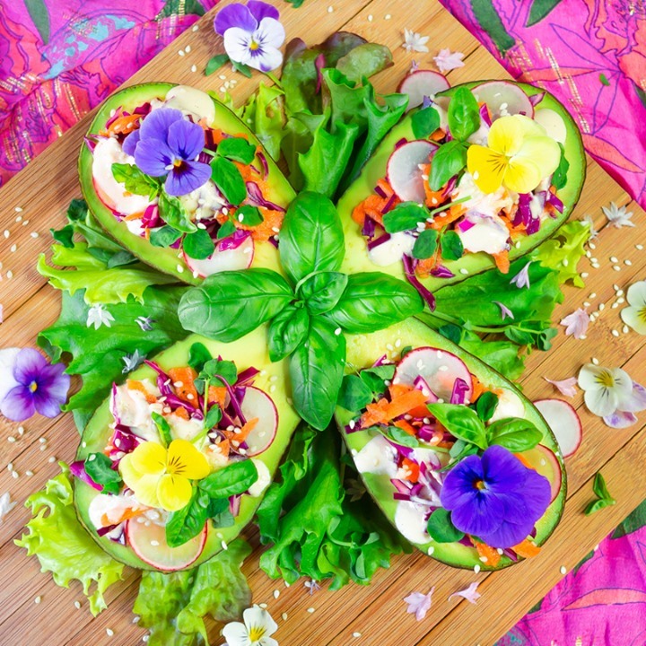 Filled Avocado Boats with Creamy Sesame and Garlic Sauce