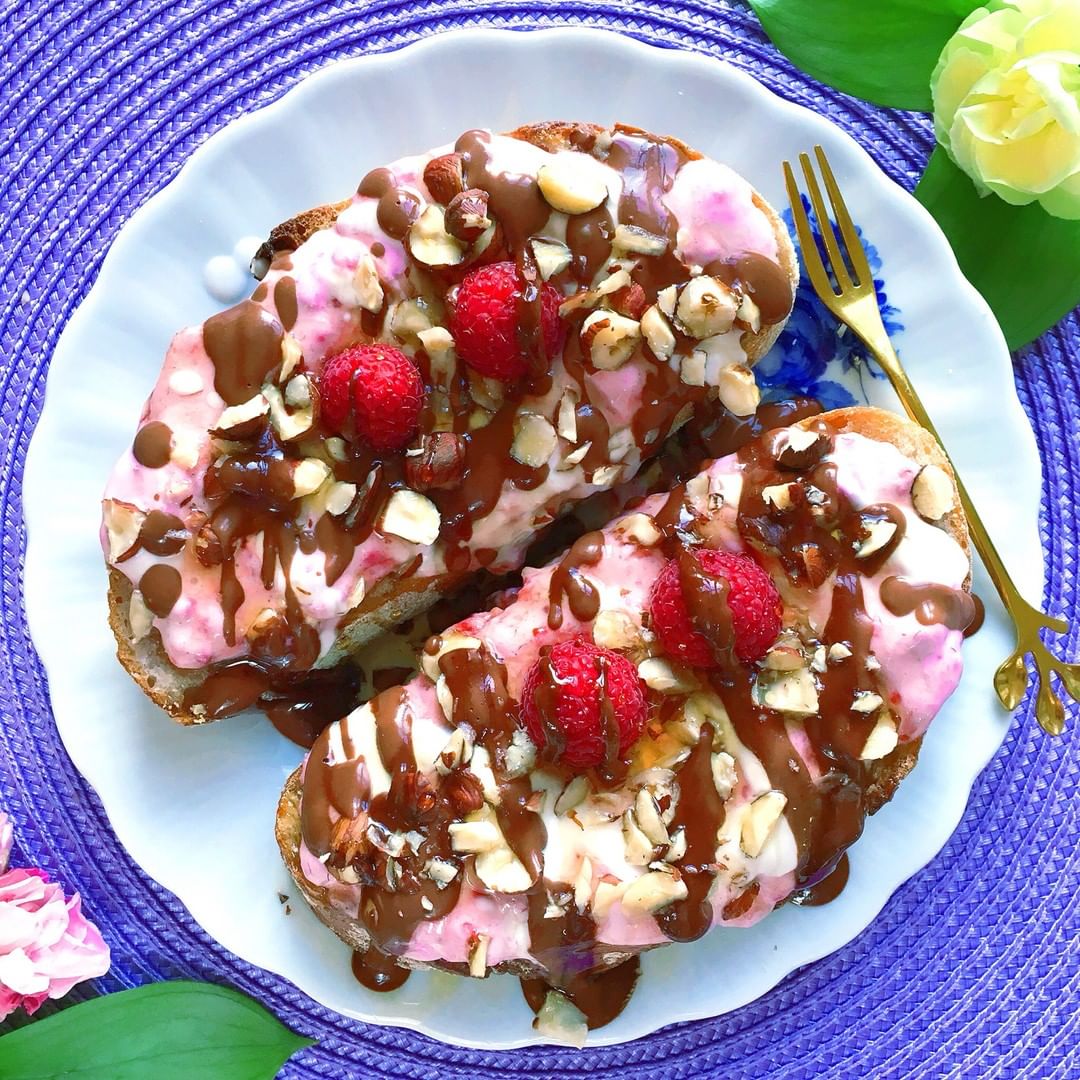 Raspberry Coconut Cream Toast with Chocolate and Hazelnuts