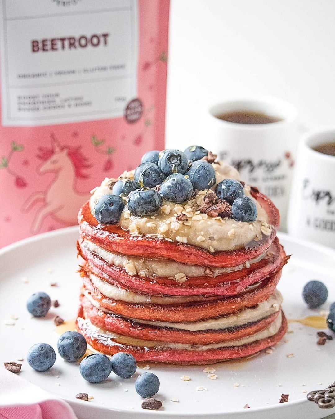 Pink Coconut Vegan Pancakes with Banana Cashew Cream