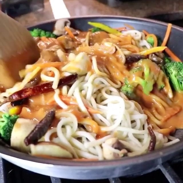 Homemade Creamy Vegetable Udon Noodles Dish