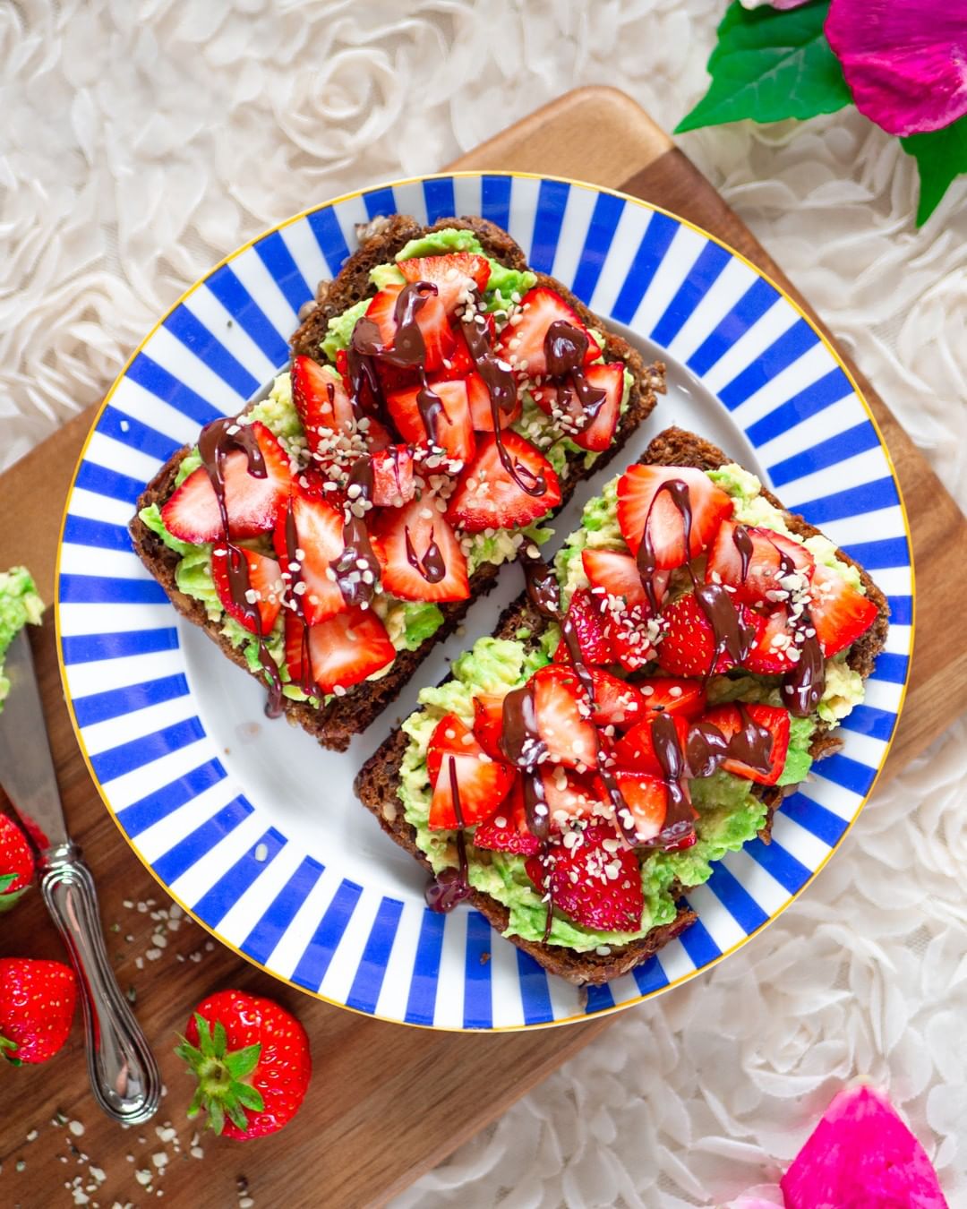 Avocado Strawberry and Melted Dark Chocolate Toast
