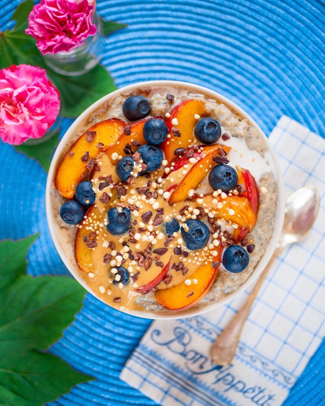 Maple Peach Porridge with Blueberries and Peanut Butter