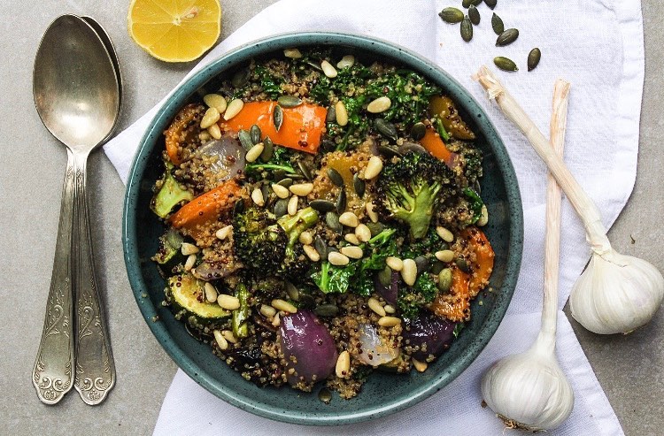 Roasted Vegetable Quinoa Salad with Mustard Dressing