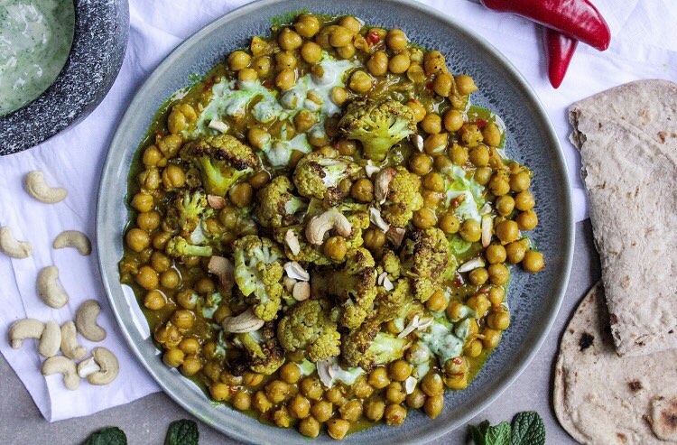 Curried Chickpeas with Roasted Cauliflower