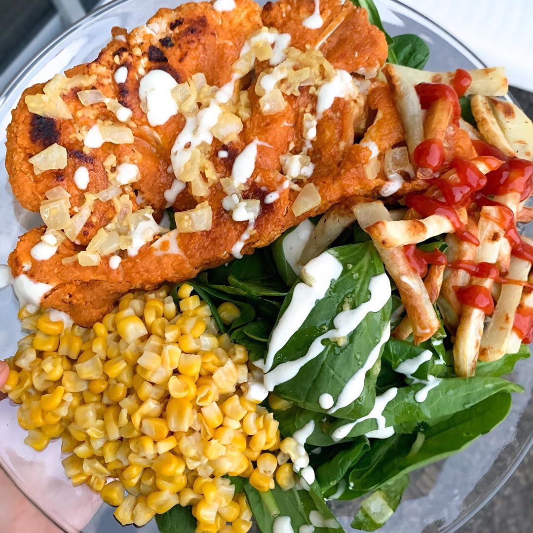 Buffalo Cauliflower Steak Featuring Corn and Potatoes