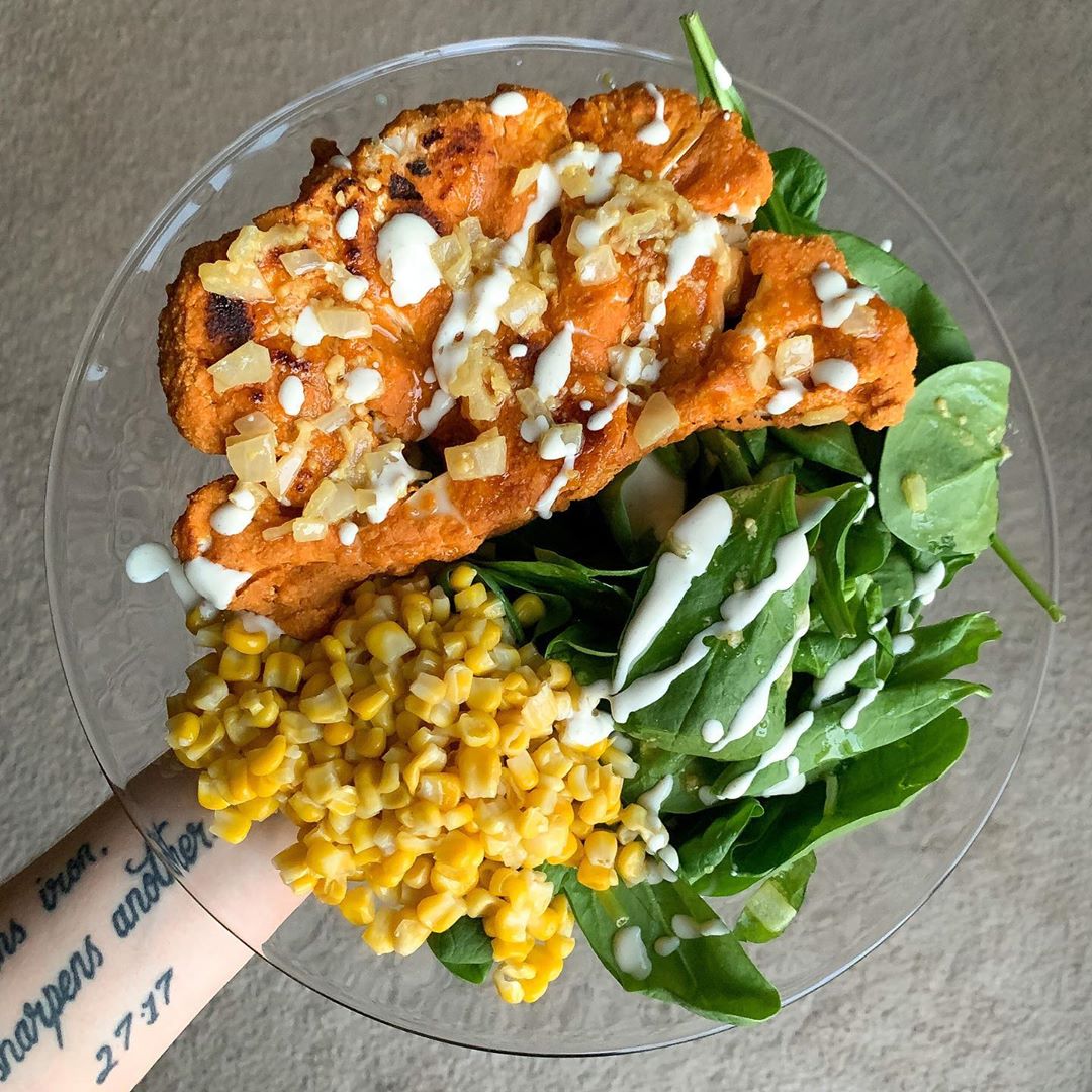 Buffalo Cauliflower Steak Featuring Corn and Potatoes