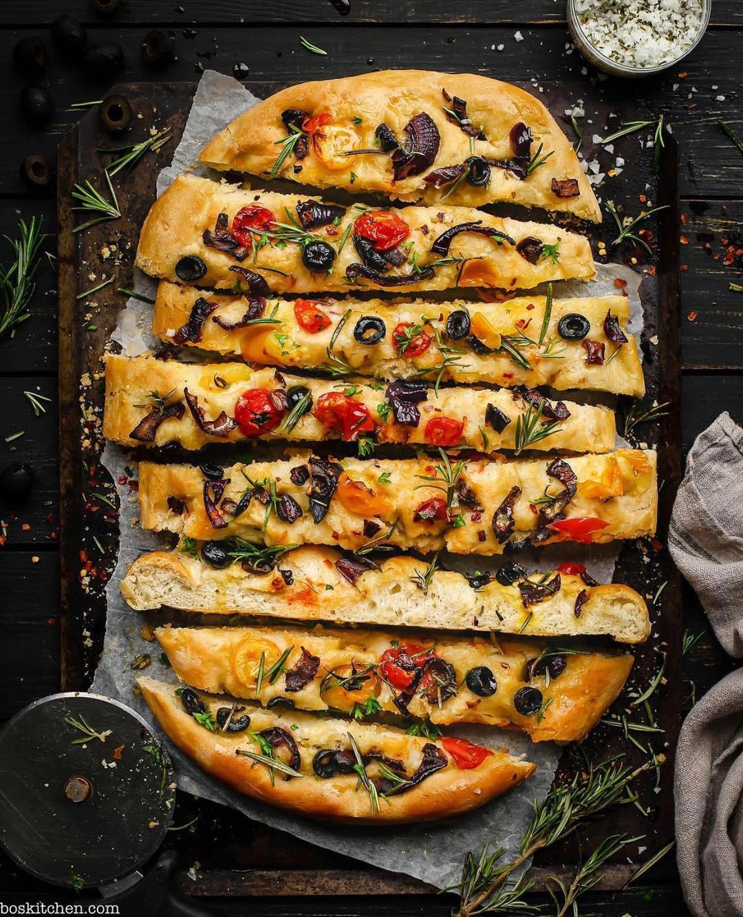 Vegan Pizza Focaccia with Olives and Tomatoes