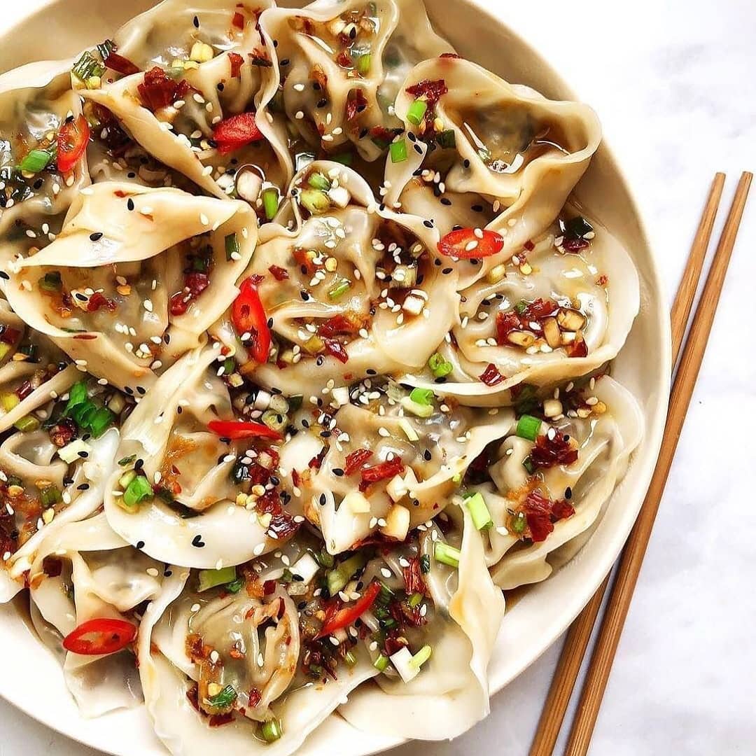Chestnut Mushroom Dumplings with Chili Oil Sauce