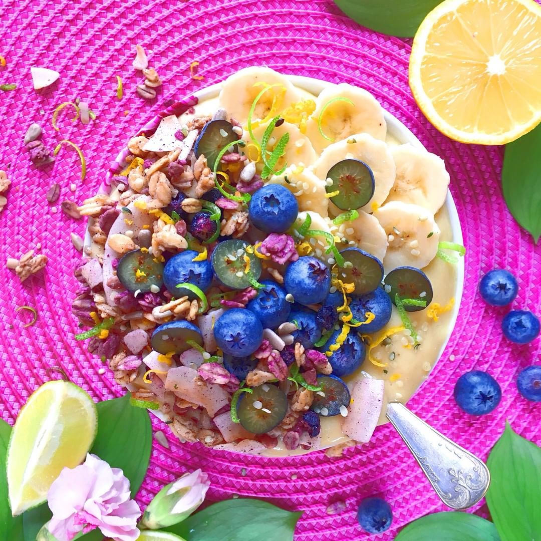 Creamy Mango Coconut Smoothie with Lemon Blueberry Granola