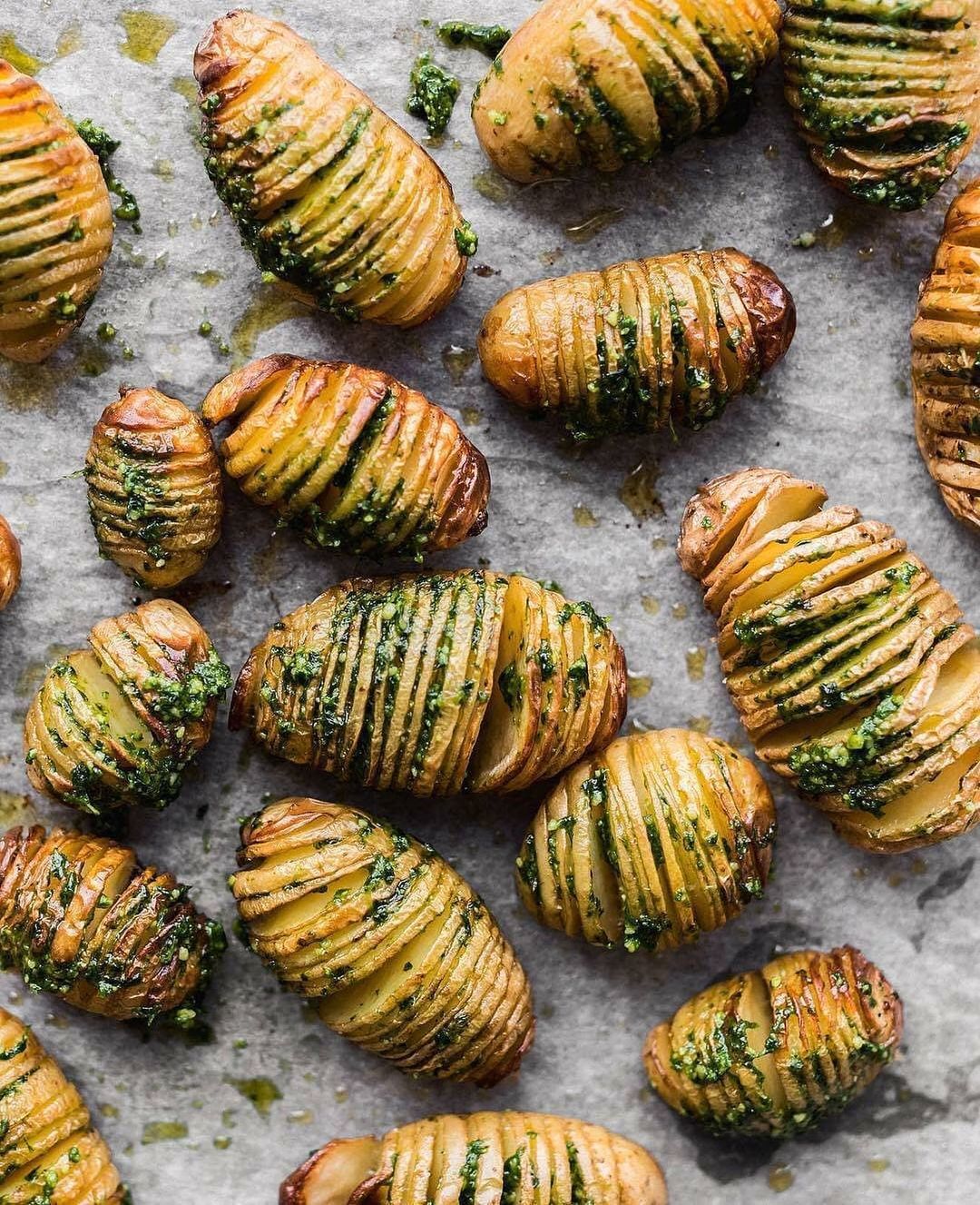 Hasselback Potatoes with Wild Garlic and Cashew Pesto