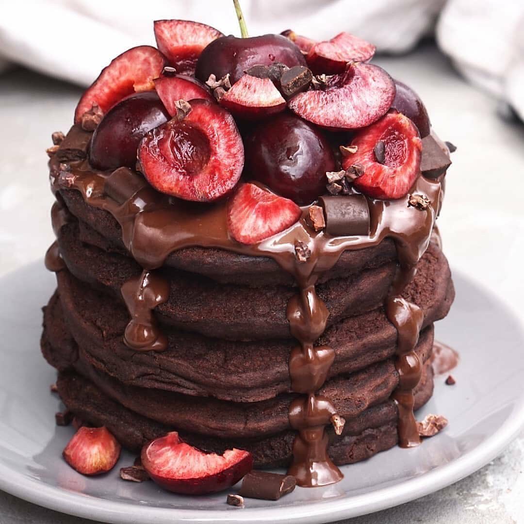 Fluffy Chocolate Pancakes with Cherries