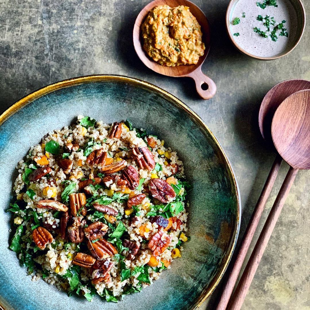 Quinoa Kale Carrot Corn Salad with Pecans and Dressing