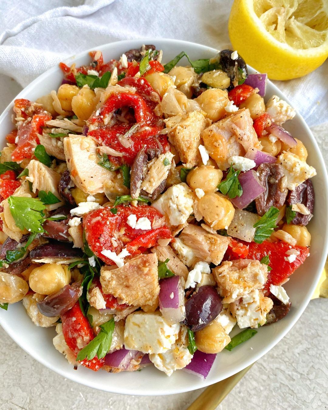 Mediterranean Chickpea Tuna Salad with Lemon Garlic Dressing