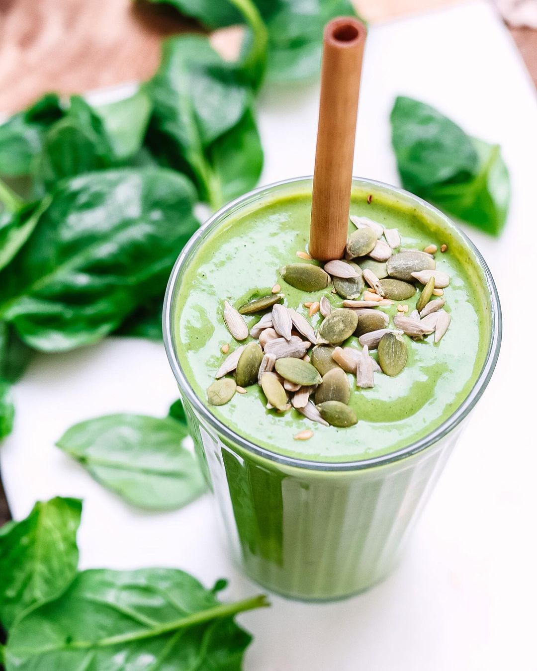 Green Smoothie with Avocado Spinach and Seeds
